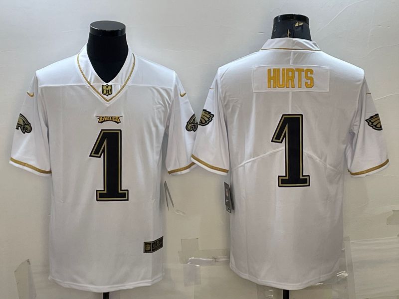 Men Philadelphia Eagles #1 Hurts White Retro Gold Lettering 2022 Nike NFL Jersey